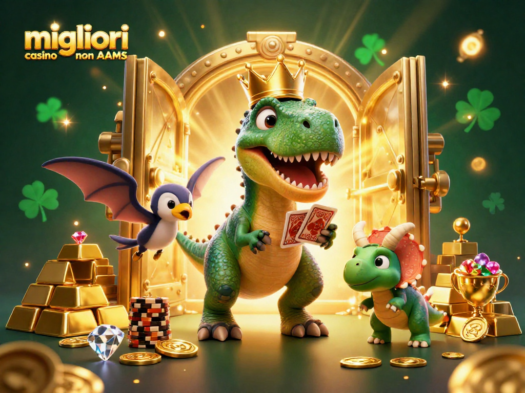 I migliori casino non AAMS presentano un T-Rex cartone animato che gioca, circondato da tesori luminosi
