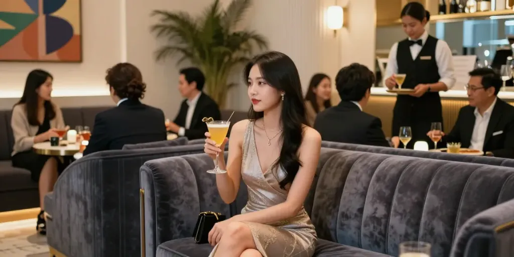 강남 타이밍에서의 고급스러운 라운지 장면, 세련된 여성과 고객들이 소통하는 모습.
