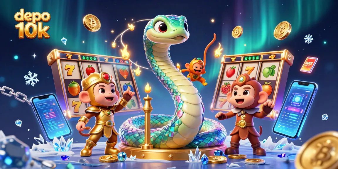 Win big with depo 10k slots featuring vibrant characters and illuminated casino elements.