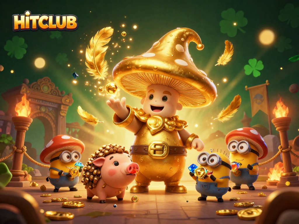 Experience HITCLUB with a golden mushroom wizard casting treasure spells amidst a dynamic gambling scene.