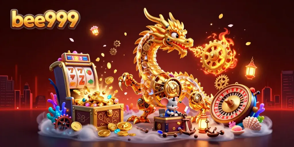 Experience the thrill of bee999 with a dynamic scene of a golden dragon and treasure, capturing a casino adventure.