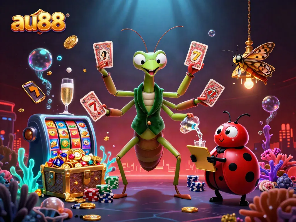 Engage with au88's vibrant casino scene featuring a mantis casino dealer amidst slot machines and treasures.