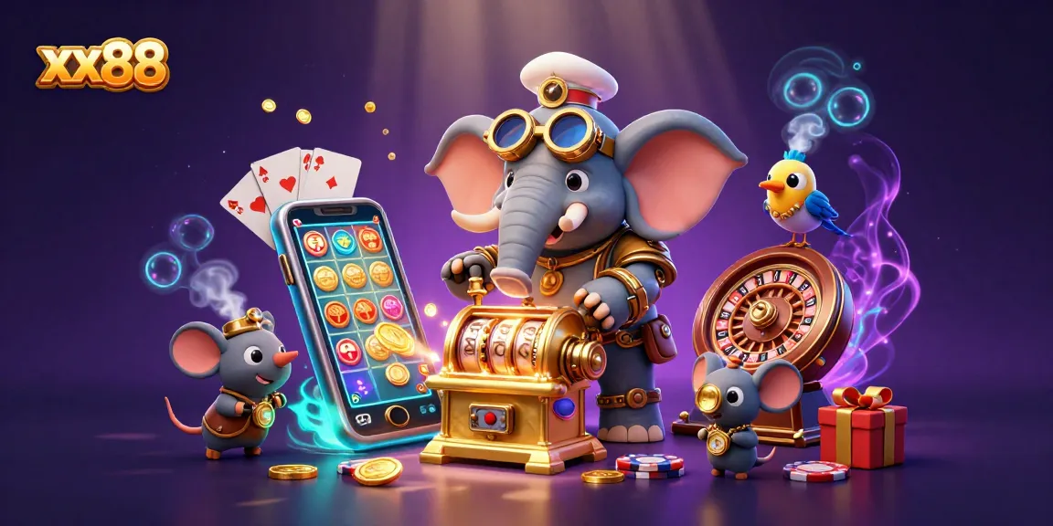 Experience the excitement of xx88 with a 3D steampunk elephant operating a slot machine surrounded by casino elements.