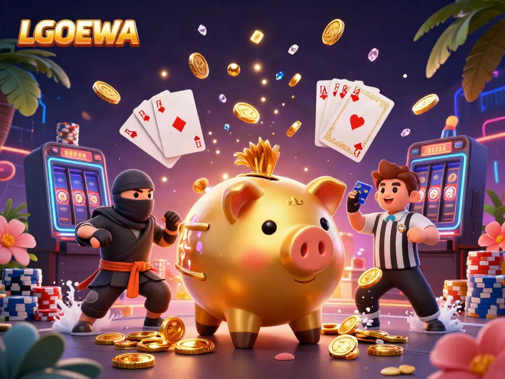 Win big at LGODEWA with thrilling games surrounded by cascading coins and vibrant casino elements.