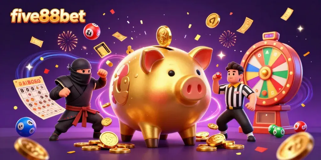 Engage with five88bet in this lively illustration showcasing a victorious piggy bank sumo wrestler among golden coins and lottery balls.