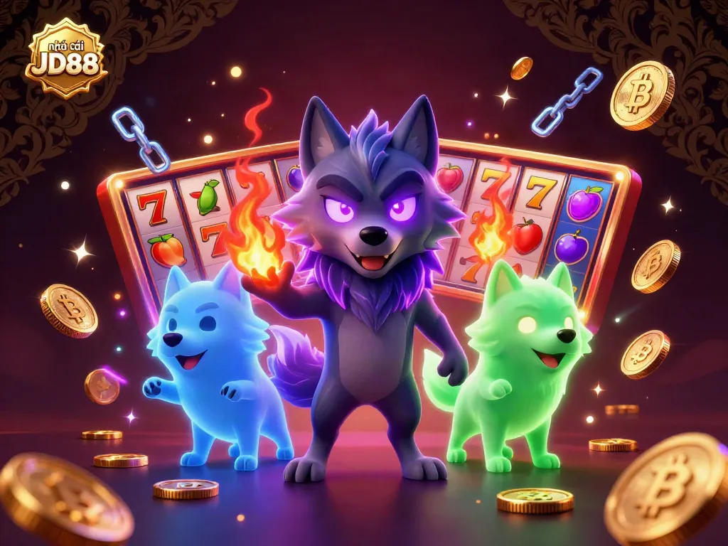 Experience the thrilling world of nhà cái JD88 with an energetic casino scene featuring glowing wolf leaders and vibrant slot games.