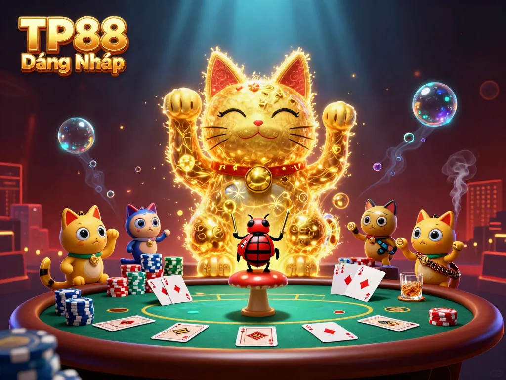 Engage with TP88 Đăng Nhập featuring a majestic lucky cat amidst vibrant casino elements.