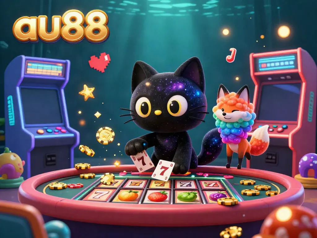 Experience the immersive world of au88 with a cosmic cat and vibrant casion elements.