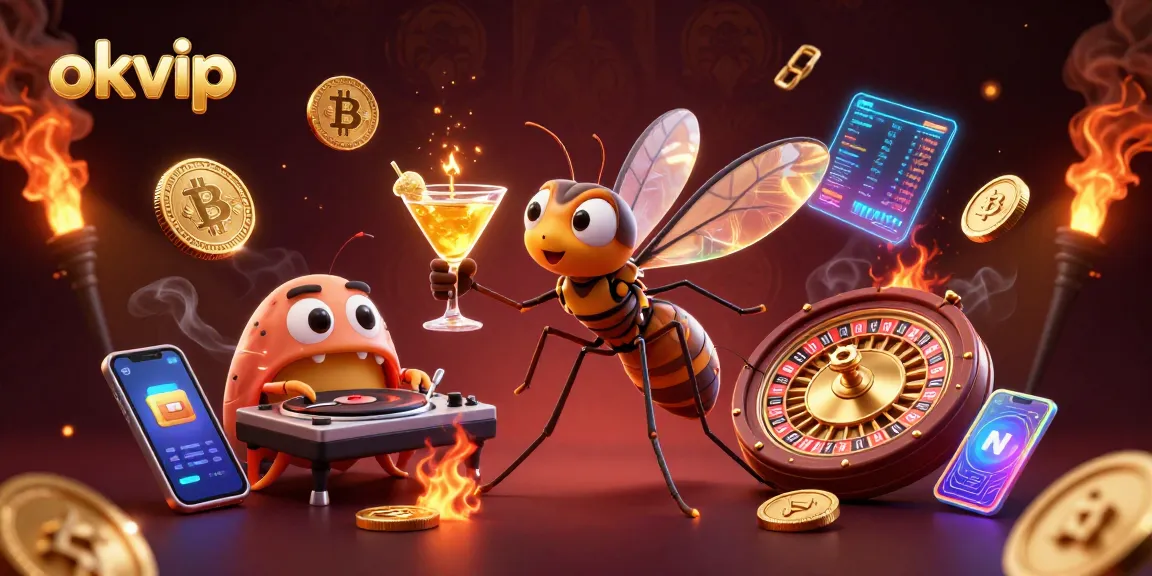 Join the excitement at okvip with a lively casino scene featuring a frozen mosquito mascot and trilobite DJ.