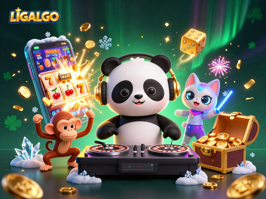 LIGALGO unleashes excitement as a DJ panda spins while a monkey dances and a kitten glows in a vibrant casino scene.