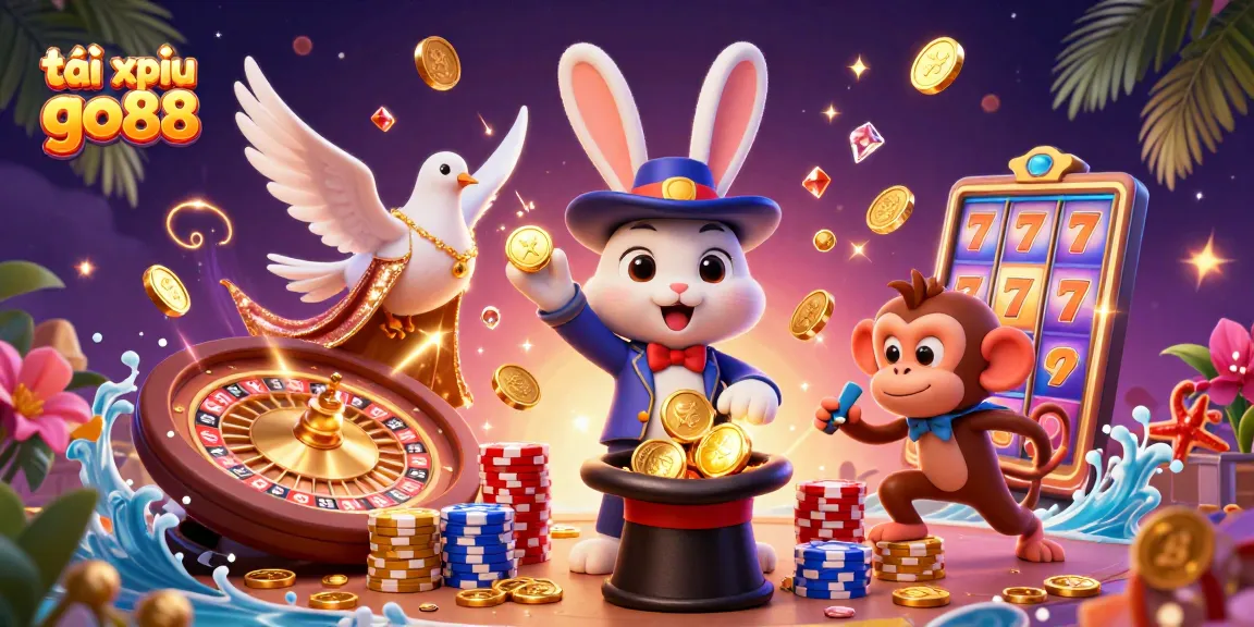 Experience the thrill of tài xỉu go88 with a dynamic scene of a magician, dove, and monkey amidst casino excitement.