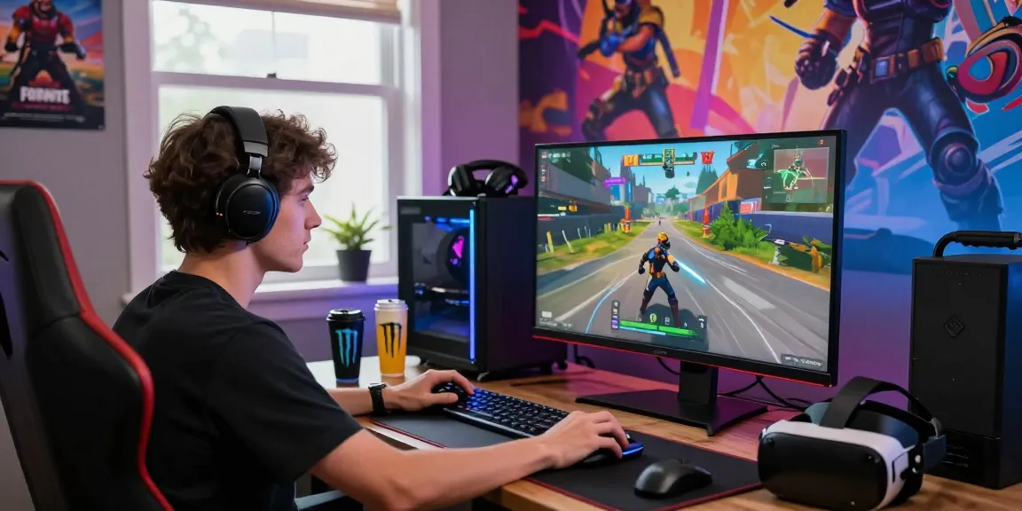 Fortnite Cheat gaming setup with player in intense gameplay scene, colorful RGB lights, and customized characters