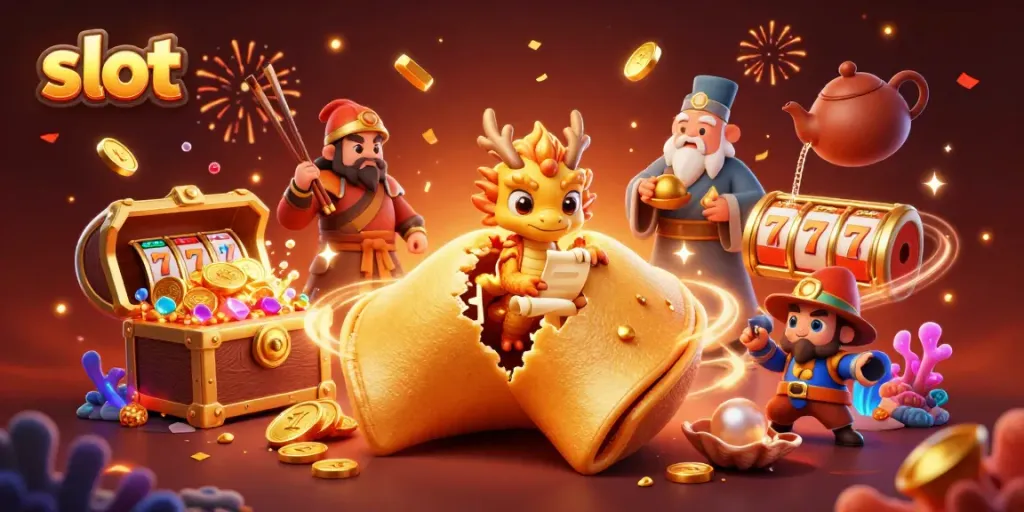 Experience the excitement of slot gaming with a dynamic 3D scene featuring whimsical characters and rich gold treasure.