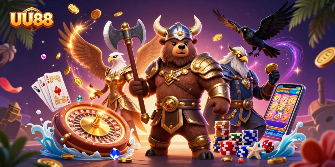 UU88 displays a dynamic scene with Viking and eagle characters soaring amidst casino elements.
