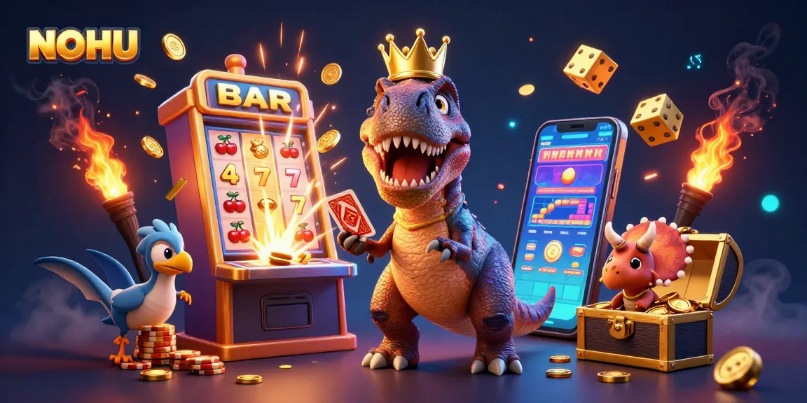 Engage in thrilling gaming at NOHU, featuring vibrant slot machines and animated characters processing bets.