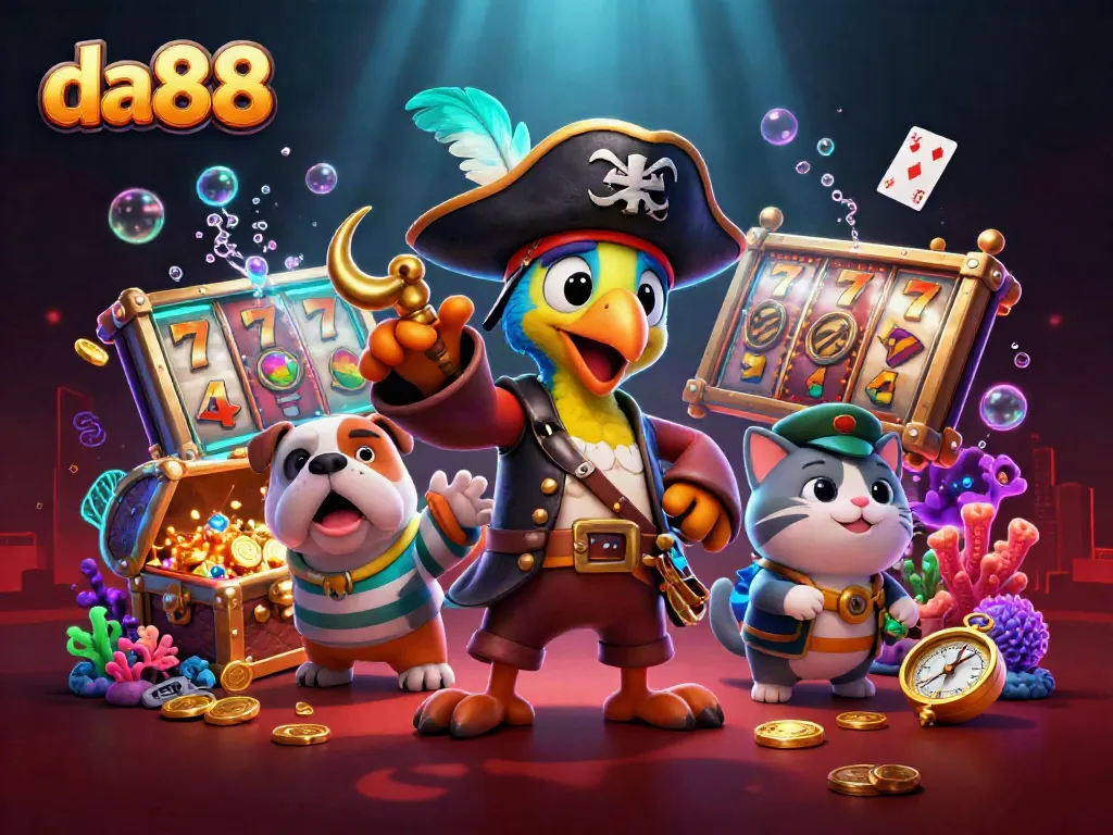 Experience the exciting world of da88 with a 3D pirate captain, dog, and cat surrounded by vibrant casino elements.