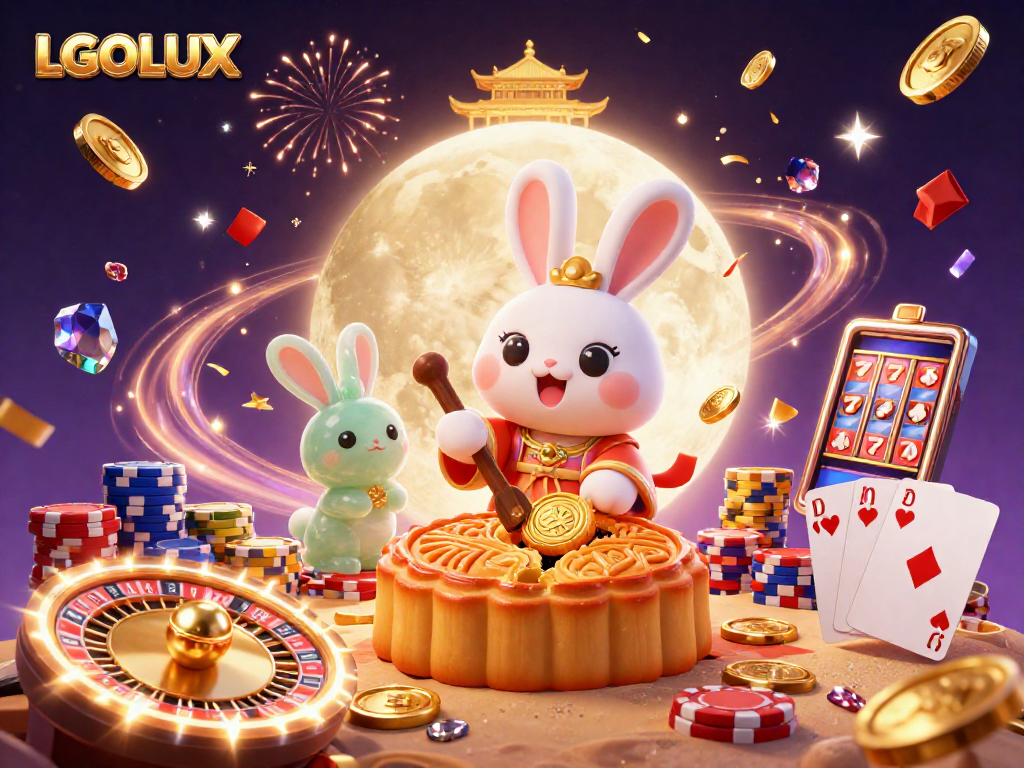 Engage with LGOLUX at a vibrant casino scene featuring a 3D moon rabbit in action.