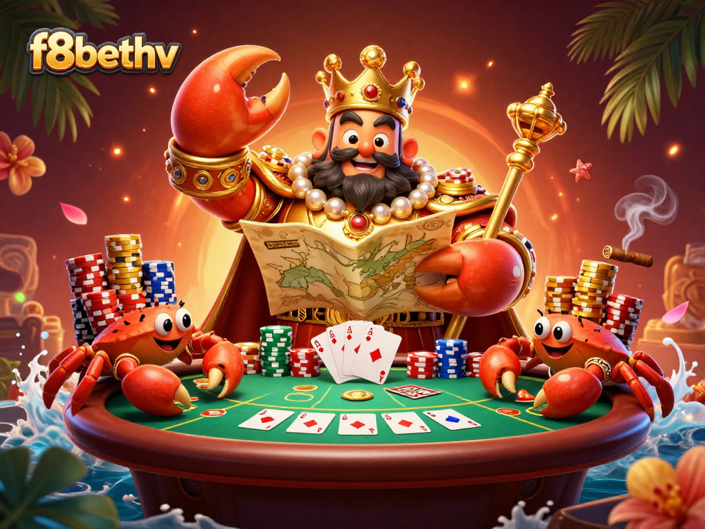 Engage with f8bethv's thrilling casino experience featuring a crab emperor and vibrant gaming elements.