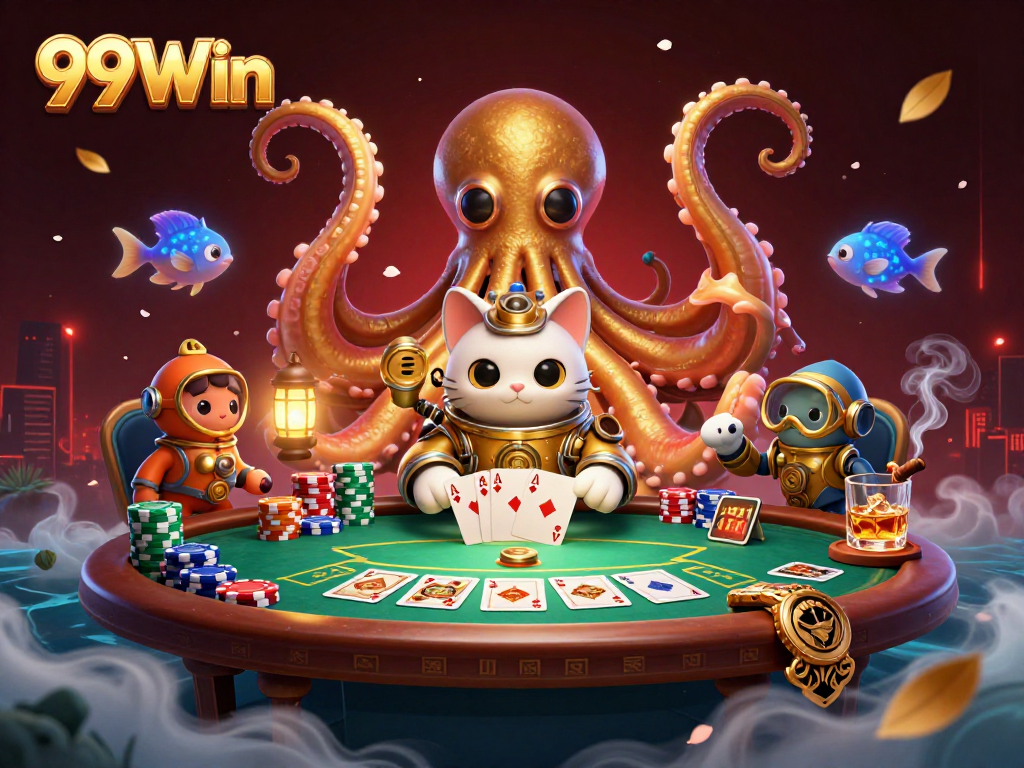Engage in thrilling poker games with 99Win, featuring a stunning 3D kraken scene full of lively casino elements.