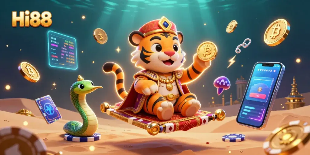 Play and win at Hi88 with a vibrant 3D casino scene showcasing neon crypto coins and an Arabian Nights theme.