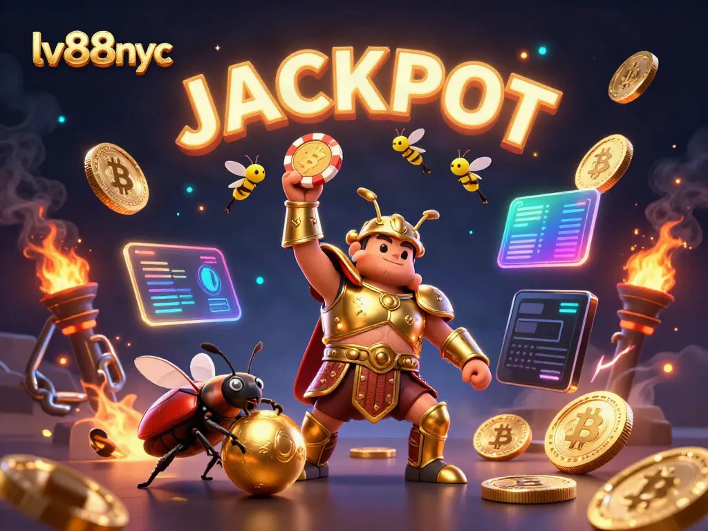 Win big with lv88nyc in this vibrant 3D illustration showcasing a heroic beetle and casino elements.