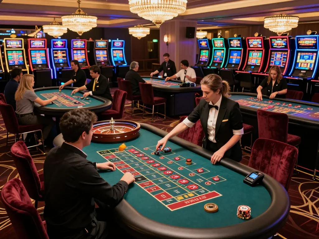 Players engaging at F8BET roulette tables, excitement in the air with bets placed and wheels spinning.