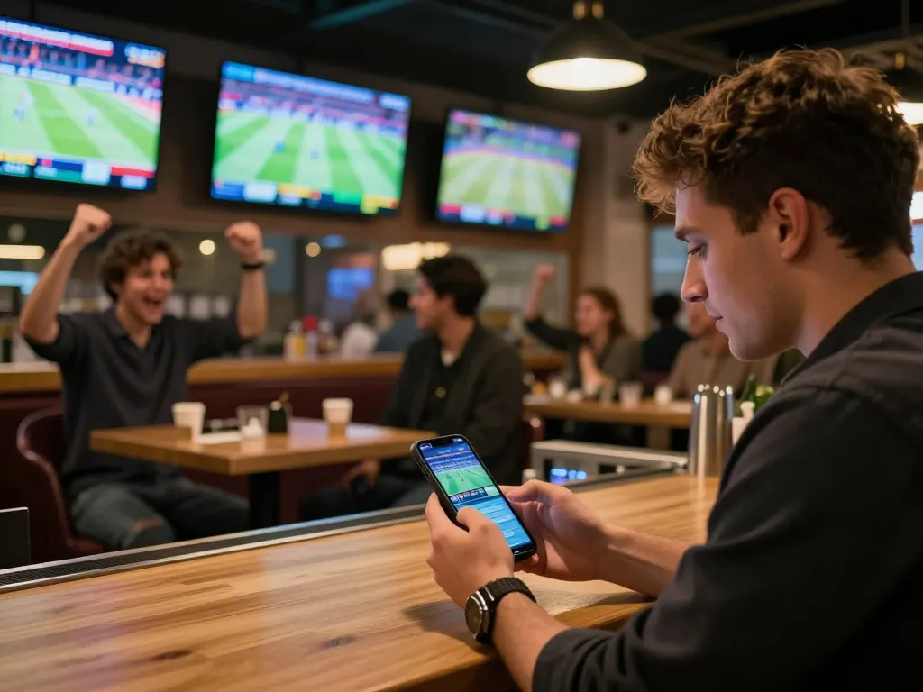 Interazione con bookmaker non AAMS su uno smartphone in un vivace bar sportivo.