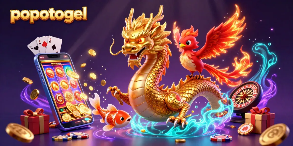 Experience thrilling wins at popotogel with a vibrant scene of dragon, phoenix, and koi fish amid gaming excitement.