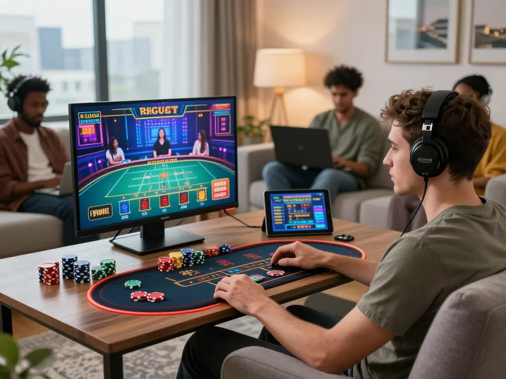 Engaging online gaming experience with ligasedayu featuring diverse players and a live casino setup at home.