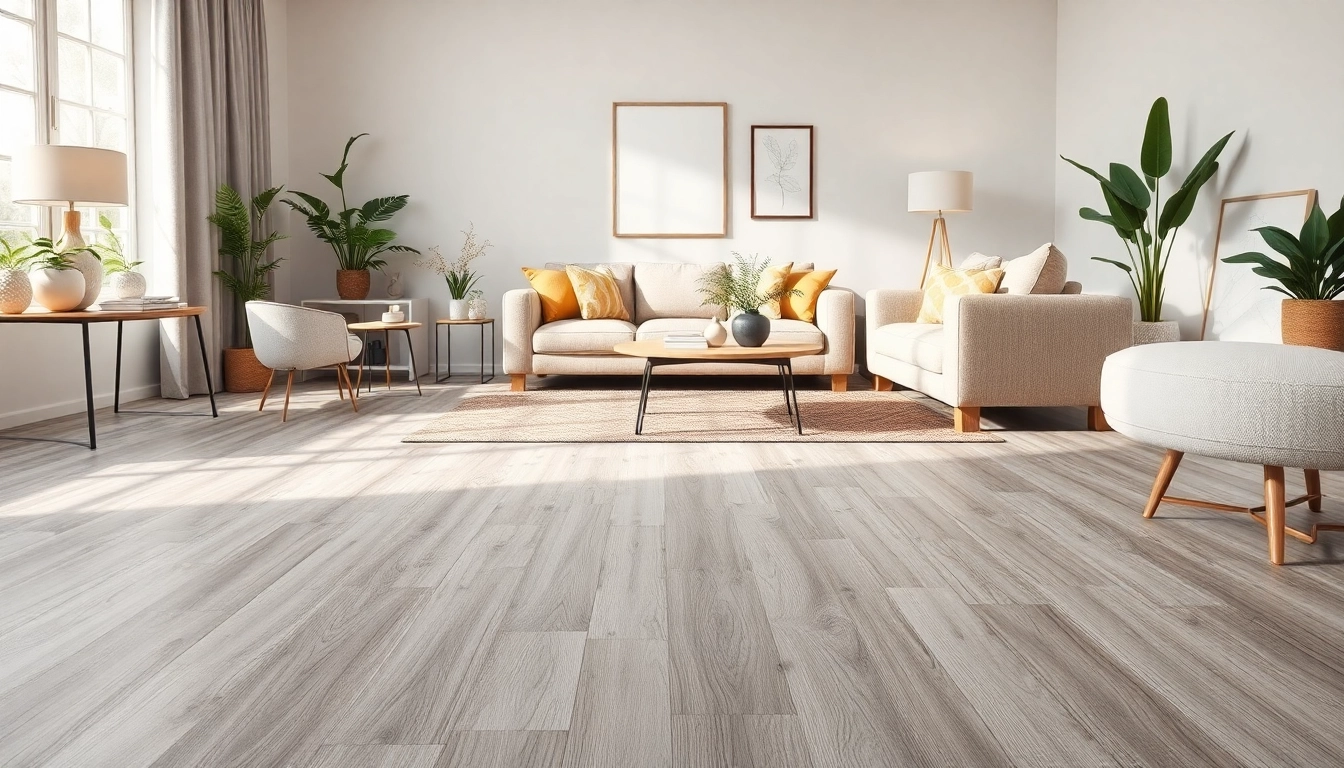 Showcasing grey vinyl flooring in a contemporary living room with stylish decor.