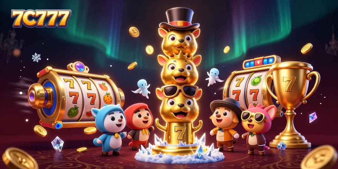 Engage with 7C777's slot gaming excitement, featuring a dynamic golden totem pole and vibrant casino elements.