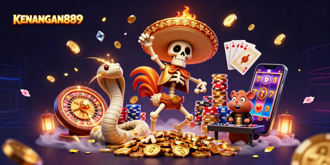 Join the fun with KENANGAN889 as a skeleton rooster, mummy snake, and zombie hamster DJ in a lively casino scene.