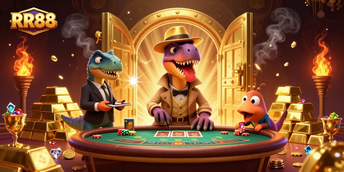 RR88 casino illustration featuring a velociraptor card counter at a blackjack table amidst golden treasures.
