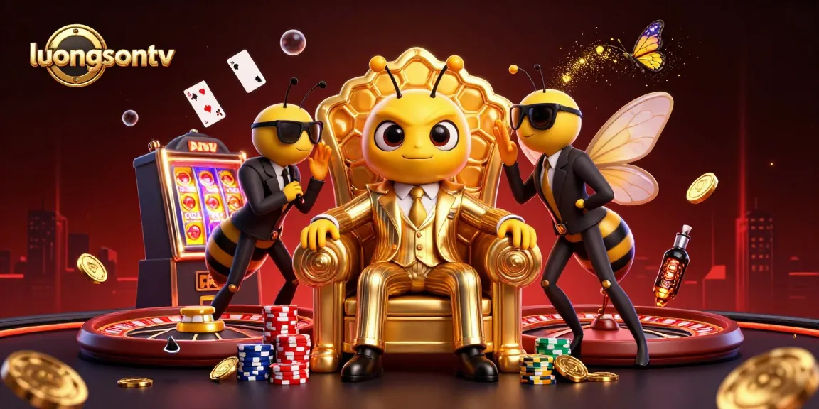 Experience thrilling betting action with the immersive luongsontv casino scene showing a cartoon bee mob boss surrounded by dazzling game elements.