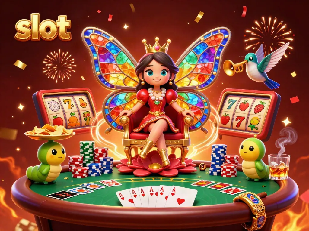 Engage with vibrant slot reels and colorful casino characters celebrating a jackpot.