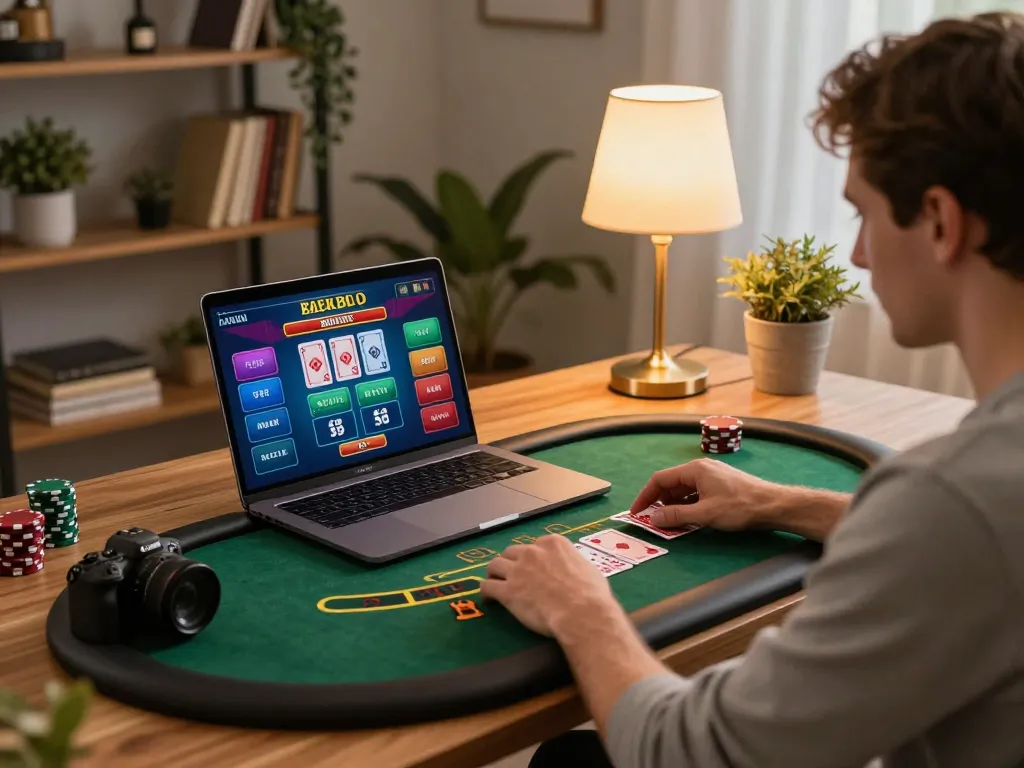 RR88 gaming session at home with player engaged in live blackjack on laptop, creating an inviting online casino atmosphere.