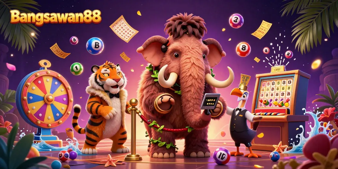 Bangsawan88 introduces an exciting casino scene featuring a woolly mammoth bouncer and vibrant lottery elements.