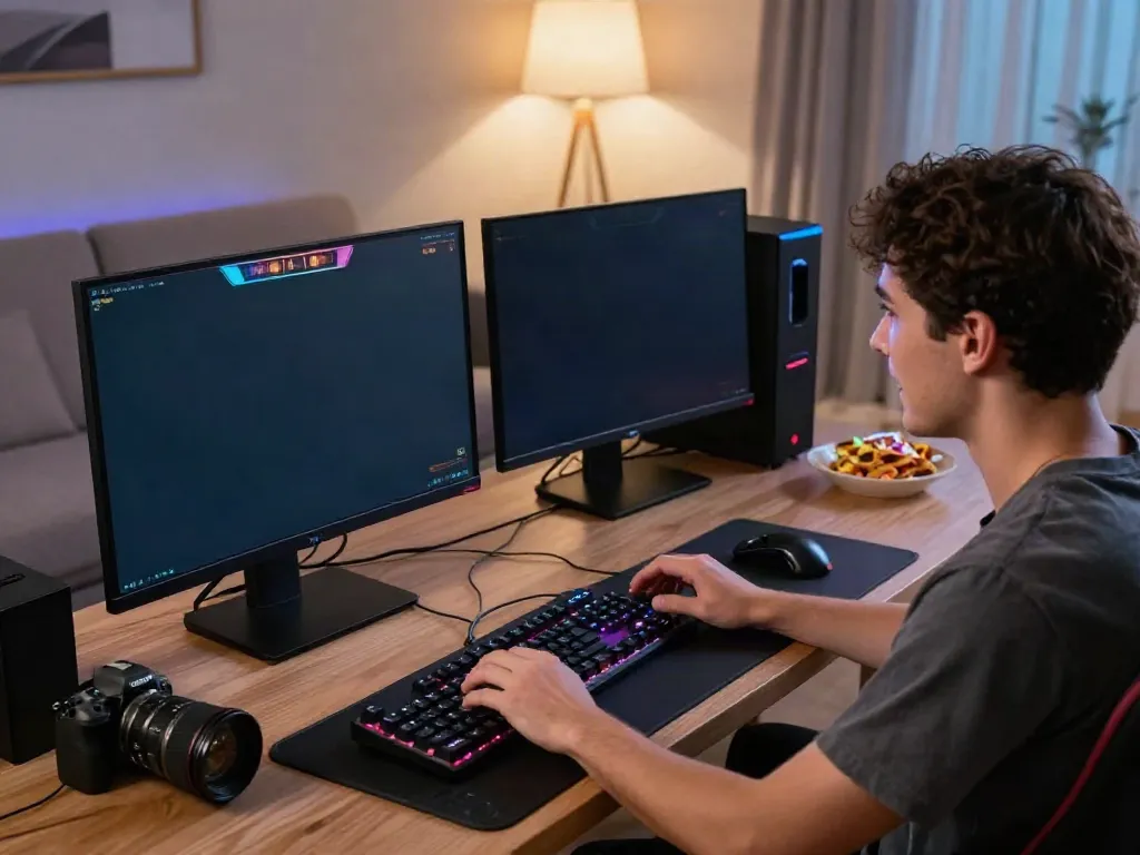Engaging gaming scene showcasing qqmacan slot gameplay, dual monitors with vibrant graphics.