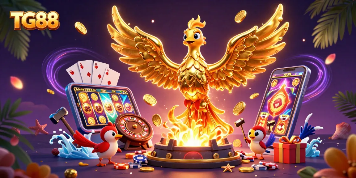 TG88 features an engaging scene with a molten metal phoenix and gaming elements, celebrating online gambling excitement.