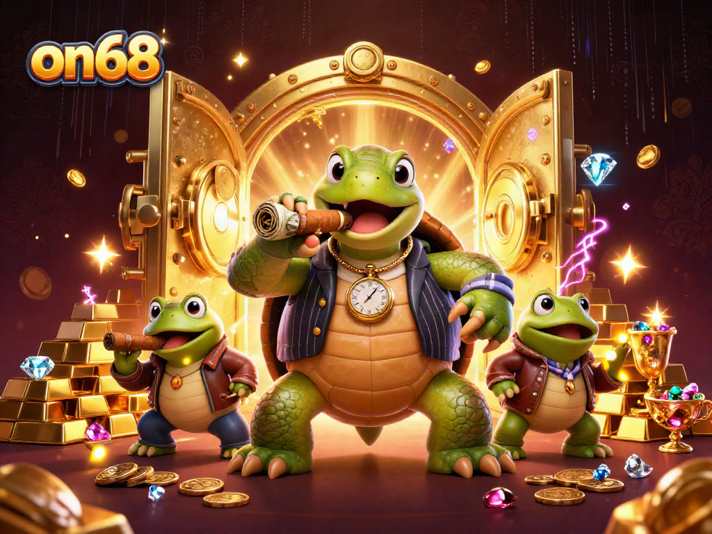 Experience on68 with a turtle mobster and bullfrog enforcers, showcasing gambling excitement and treasures.