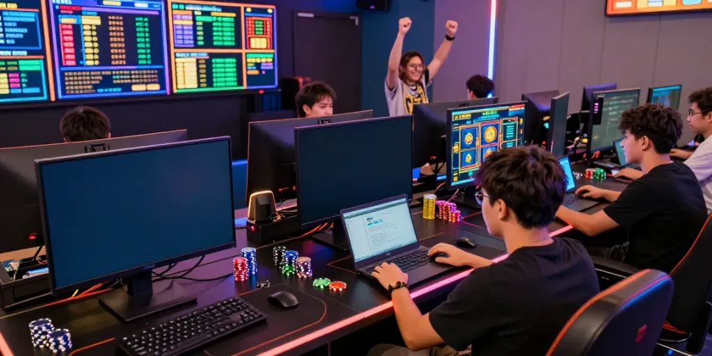 Bro138 online gaming hub showcasing players immersed in slot games.