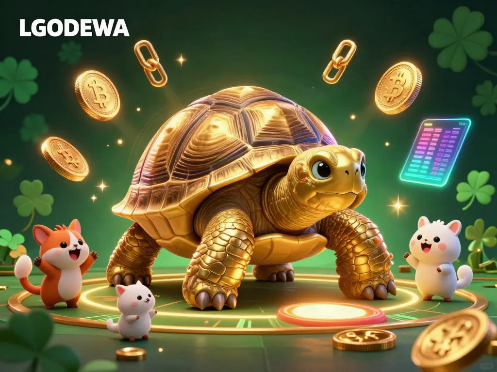 Experience gaming excitement with LGODEWA featuring a cartoon golden tortoise pinball machine and crypto coins.