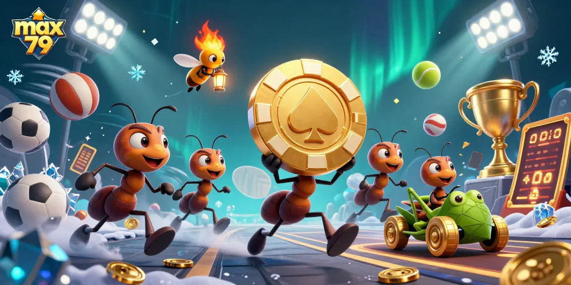 Experience thrilling wins with max 79 as a cartoon team of ants heist golden poker chips!