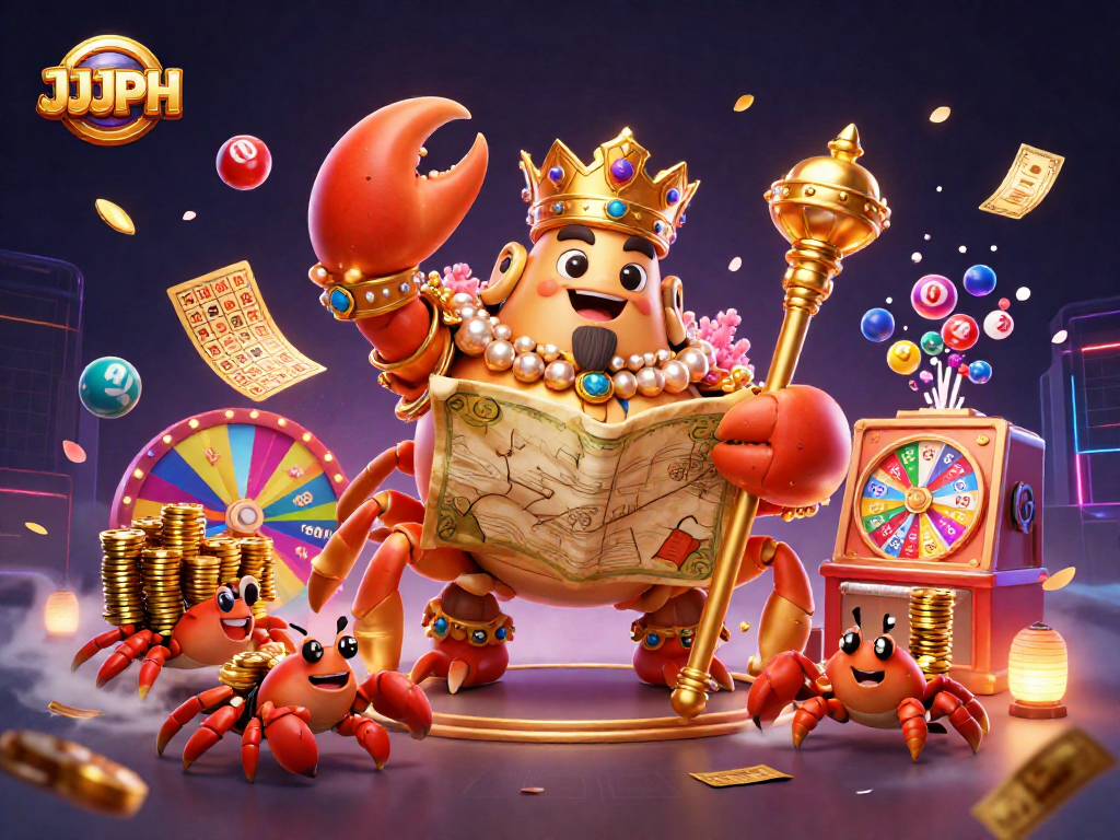 Engage with JJJPH's vibrant 3D illustration of a golden crab emperor amidst dynamic casino activities.