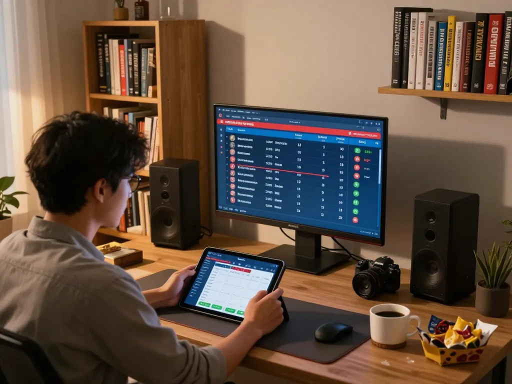 Engaged user reviewing keobongda betting odds on tablet in a cozy home office setting