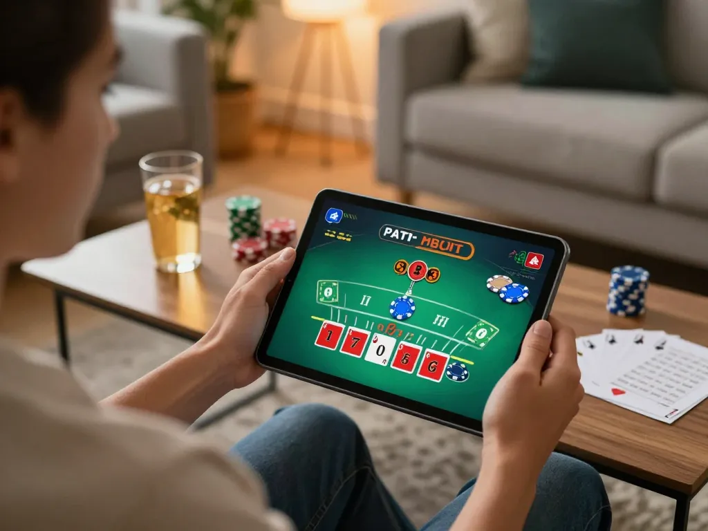SUNWIN user enjoying live blackjack in a cozy home environment with warm lighting and strategic notes