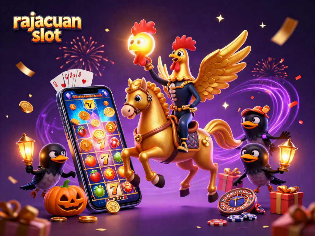 Spin the rajacuan slot reels with exciting game elements in a vibrant casino scene.