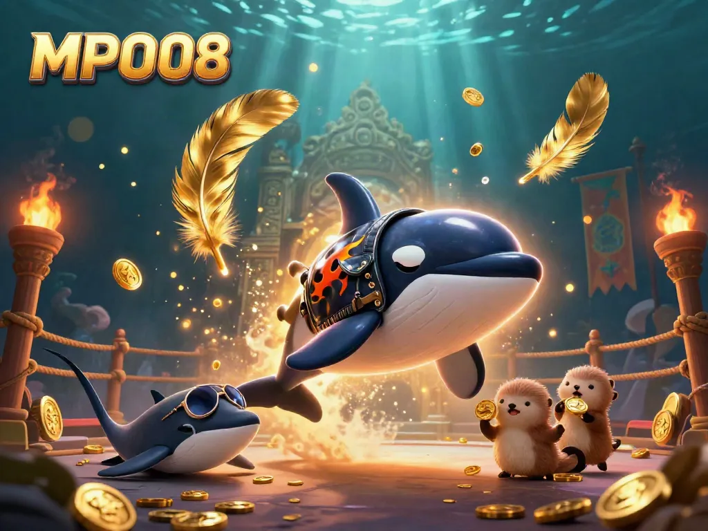 MPO08 enhances excitement with an orca in a biker jacket, surrounded by vibrant casino elements