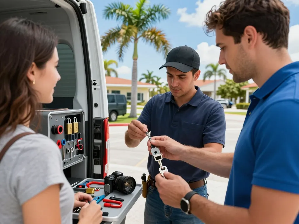 PSL Lock and Key Palm City locksmith demonstrating key services outdoors in a sunny environment.