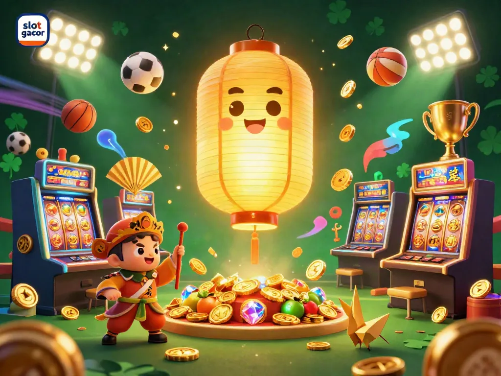 Experience the thrill of slot gacor with a vibrant casino scene featuring golden characters and dynamic slot elements.